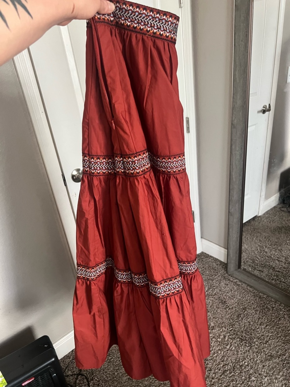 Boho Tiered Maxi Skirt with Embroidered Trim